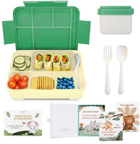 Pure Indah Brotdose Kinder mit 5 Fächern 1330 ML – Bento Lunchbox, Vesperbox, BPA-frei, inkl. 20 Lernkarten – Geschenk für Mädchen & Jungen ab 3 Jahren
