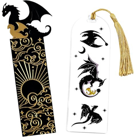 2 Stück Drachen Lesezeichen,Schwarz Gold Cool Dragon Bookmark,Drachen Lesezeichen Mit Sonne Und Wolken,Schwarzes Goldenes Drachen-Lesezeichen,für Buchliebhaber Freunde Familie Lesebegeisterte