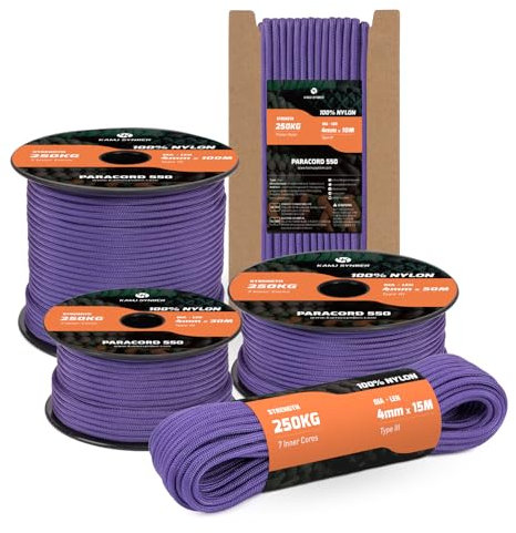 Kamu Synber 550 Paracord 4mm 10m Type III 7 Strands 100% Nylon Rope Parachute Cord Ideal for Crafting, DIY, Camping, Survival, Outdoor | Support 250kg | Purple