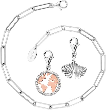 Engelsrufer Schmuckset Damen – Anker Armband Silber für Charms, Charm Ginkgo Blatt Silber & Charm Welt Silber/Rosé mit Zirkonia Steinen