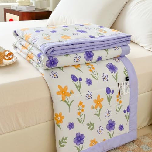 DOTBUY-SHOP Quilted Bedspreads, Spring Prints Quilt Bed Throws Cotton Filling Duvet Super King Single Double Size Children's Bed Quilted Throw for All Season (Lilac,100x150cm)