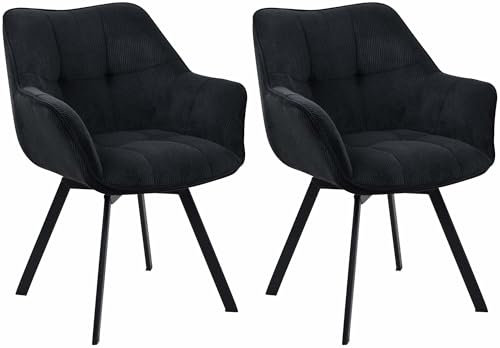 CLP Esszimmerstuhl 2er Set ergonomisch Jordi Cord, drehbar mit Armlehnen, Polstersessel, 4-Fuß-Metallgestell, bis 150 kg, mit Bodenschonern, Farbe:schwarz