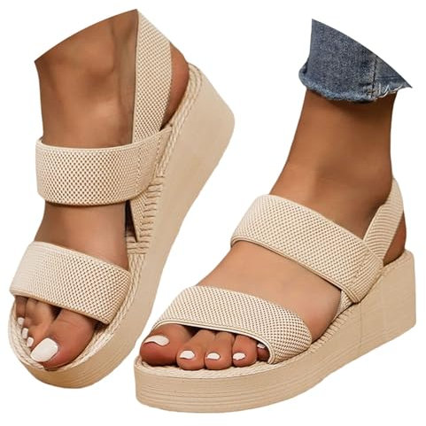 toe post sandals women Wide Fit Sandals for Women Comfortable Ankle Strap Elastic Straps Slide Sspadrille Flat Non-slip Platform Shoes Slingback Plantar Fasciitis Orthopedic Slippers Khaki 6.5