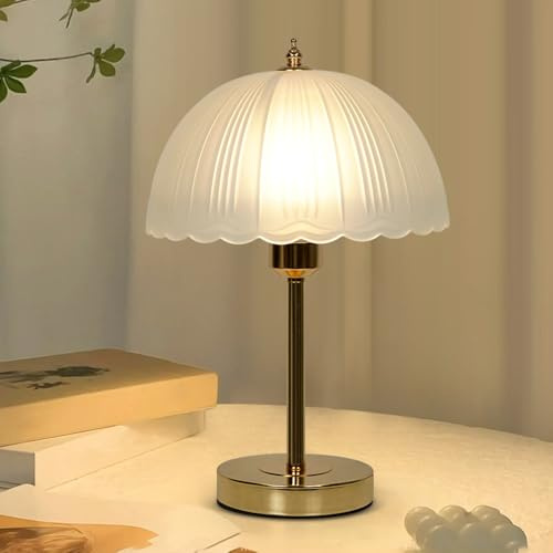 Mengjay Nachttischlampe Vintage mit Kabel,Deko Lampe Wohnzimmer E27 Tischlampe Glas Lampenschirm Schreibtischlampe,Schlafzimmer Tischlampen,Bedside Table Lamp (Gold)
