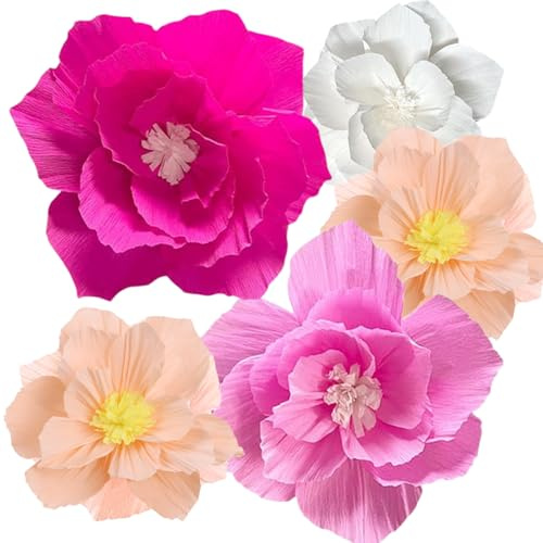 5 Stück Papierblumen Deko, Krepppapier Blumen, Geburtstags Dekoration, Papierblumen zum Aufhängen, Party Dekoration, Rosenrot, Hellrosa, Weiß, Hochzeitsfeiern, Mädchenpartys, Babypartys