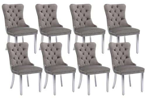 Shenyon Graue Samt-Esszimmerstühle 8er Set, silberfarbene Edelstahlbeine | Mid Century Modern Stil; Rückenlehne mit Knopfheftung; Ziernägel; dekorativer Ringgriff; bequeme Polsterung; einfache Montage