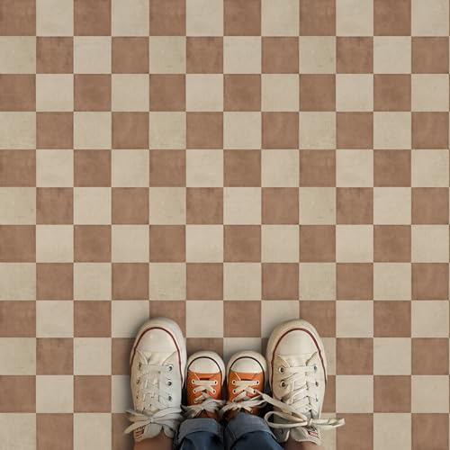 Alwayspon 30x30cmx10Pcs Self-adhesive Flooring Peel and Stick Vinyl Sticker, Non-slip Waterproof Vinyl Floor Tiles Decal for Kitchen Bathroom Living Room, Beige Brown Checkerboard