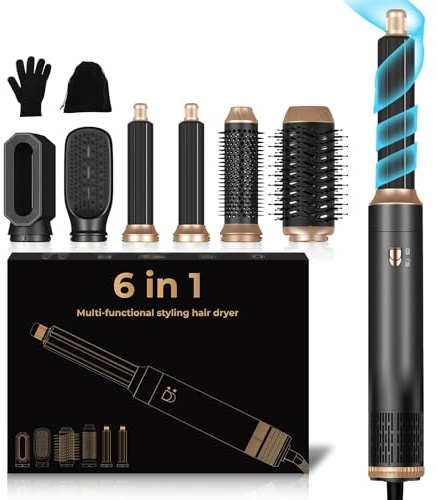UKLISS Hairstyler 6 in 1 Air Styler Set - Pro Haarstyler mit Rundbürstenföhn, Air Curler, Warmluftbürste, Föhnbürste, Haartrockner, Glättbürste | für Locken, Volumen, Glätten, Föhnen (Schwarz)