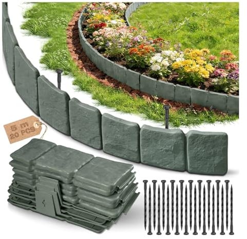 Rasenkante Kunststoff, Beeteinfassung Beetumrandung Kunststoff, Beetbegrenzung, Blumenbeet Umrandung, Mähkante, Gartenzaun, Flexible Rasenkanten, Verdickt Kleiner Zaun, Steinoptik - 5 m (Höhe:10 cm)