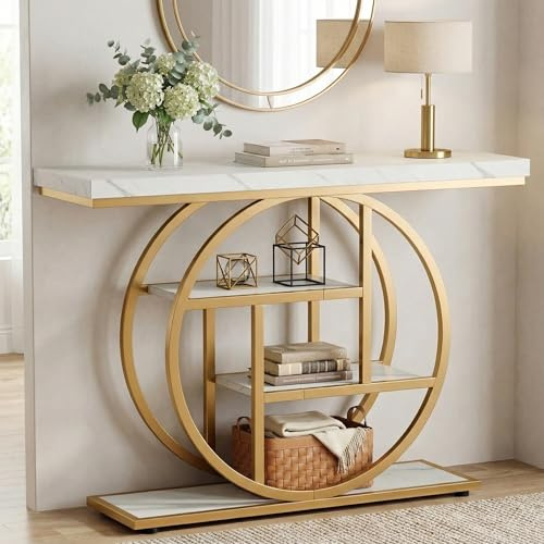 Lailang 105cm Konsolentisch, Halbrunder Tisch, Industrial Regal, Konsole Holz, Eingangstisch Wohnzimmer, Schmaler Konsolentisch, 105 x 30 x 80 cm, Weiß Gold