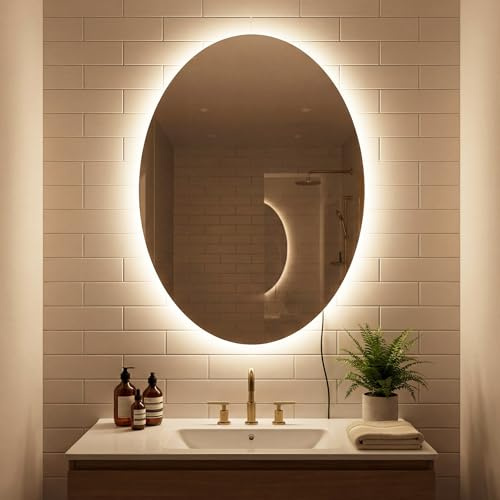 COSTWAY Specchio da Bagno Ovale 70 x 50 cm LED Vetro Temperato IP44 | Specchio Retroilluminato Bagno 70x50 cm con 3 Colori di Luce Dimmerabili, Antiappannamento, Funzione Memoria, per Ingresso