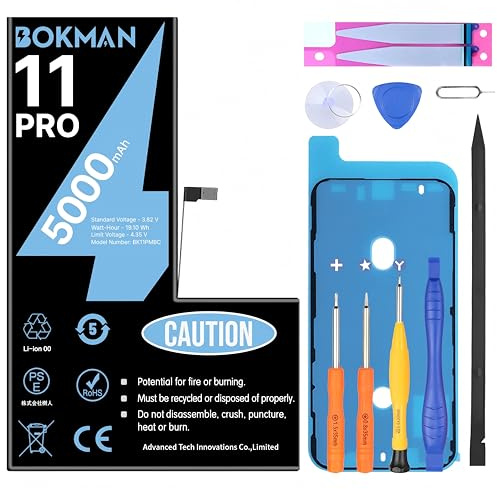 bokman Batteria per iPhone 11 Pro, 5000mAh con Kit di Riparazione | Batteria interna, utensili e strisce adesive inclusi, compatibile con A2160/A2215/A2217
