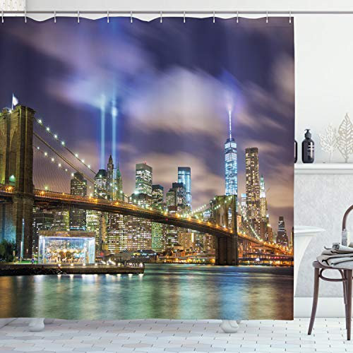 ABAKUHAUS New York Duschvorhang, Manhattan Skyline USA, Stoffliches Gewebe Badezimmerdekorationsset mit Haken, 175 x 180 cm, Lila Grün