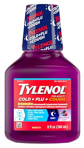Tylenol Cold + Flu + Cough Night Liquid Medicine with Acetaminophen Pain Reliever & Fever Reducer, Cough Suppressant, Nasal Decongestant & Antihistamine, Wild Berry Burst Flavor, 8 fl. oz