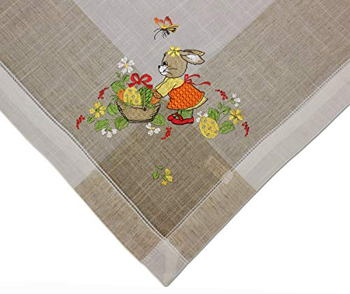 Mitteldecke Ostern 85 x 85 cm Ecru Hasenmädchen bunt Bestickt Tischdecke Landhausstil Osterhase Tischdecken