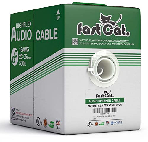fast Cat. 16/2 65 Stranded Speaker Wire 16 AWG/Gauge 2 Conductor - PVC Jacket - UL Listed & (CMR-CL3R-FT4) Rated in-Wall Use - 100% Oxygen-Free Pure Bare Copper (OFC) - 500ft Pull Box - White