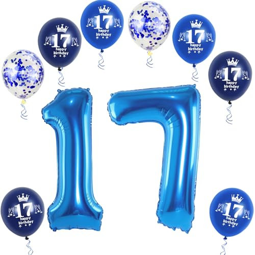 XL Folienballon 17 Geburtstag, Folienballon Zahl 17, Zahl 17 Blau, Luftballons 17, Nummer 17 Luftballon Blau, 32 Geburtstagsdeko Ballon 17