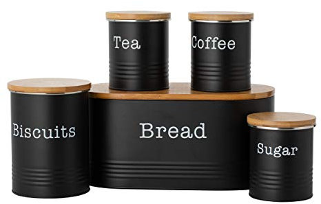 EHC 5pc Essential Tea, Coffee, Sugar, Biscuit and Bread Canisters With Lid - Black
