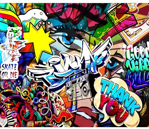 decomonkey - Papier Peint Panoramique Graffiti 350x256 cm - Décoration murale – Tapisserie pour chambre salon - Inscriptions murales colorées de graffitis dans la rue des adolescents anglais