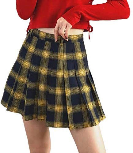 SIPEIEN Women's Pleated Plaid A-line Skirt Gothic High Waist Summer Flare Short Mini Skater Skirt (Yellow M)