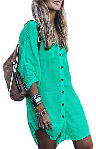 Bsubseach Long Sleeve Bikini Cover Up for Women Loose V Neck Swimwear Button Down Beach Shirt Tunic Dress Lake Green