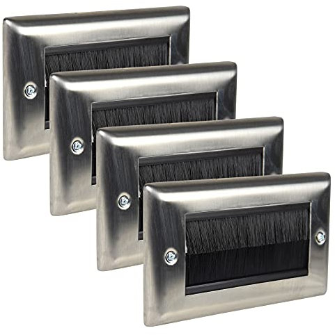 Ex-Pro 4 Pack Brush Wall Plate, Double Gang Steel Flush Wall Mounted Faceplate for Outlets, Sockets and Tidy Wire and Cable - Silver