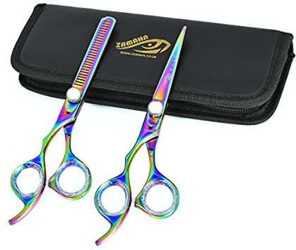 ZAMAHA Friseurschere, Edelstahl, für Linkshänder, Plasma-Beschichtung, 16,5 cm, professionelle Haarschneideschere (Schneiden + Effilieren), 2 Stück
