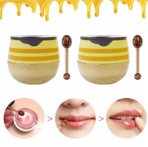 2PCS Bee Lip Balm Honey Pot, Honey & Strawberry Propolis Moisturizing, Hydrating & Prevention Dry and Cracked Lip Scrubs Exfoliator (B)