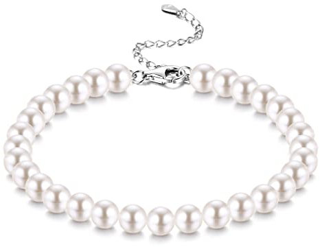 JeweBella 4MM/6MM/8MM Perlenarmband Damen Silber 925 Armband Perlen für Frauen Mädchen Länge 18+6CM Verstellbar Klassische Weiß Pearls Armband mit Box