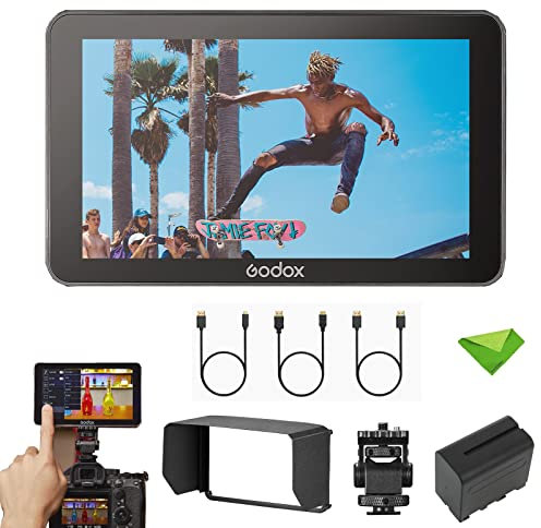 Godox GM6S 5.5Inch 4K Camera Monitor 1200nit Ultra-Bright 1920 * 1080 IPS Screen Touch Control HDMI Input & Output 3D LUT Type-C/DC/Battery Powered On-Camera Monitor for DSLR Cameras with Sunshade