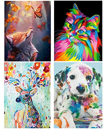 TOOSOAR 4 stück 5D Diamond Painting Set,Diamond painting Katze, Hund, Fuchs, Hirsch, mit DIY Produktionswerkzeug, Rundbohrer, für Erwachsene, Home Wand Décor (30x40cm)