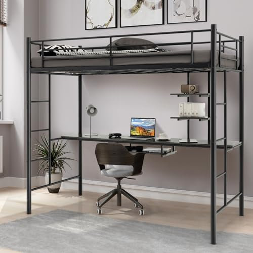 LIFEZEAL Lit Mezzanine 90x190 cm avec Bureau et 3 Étagères de Rangement, Lit Superposé en Métal avec Barrière et 2 Échelles, Charge de 150 kg, pour Enfant, Adolescent, Adulte (Noir)