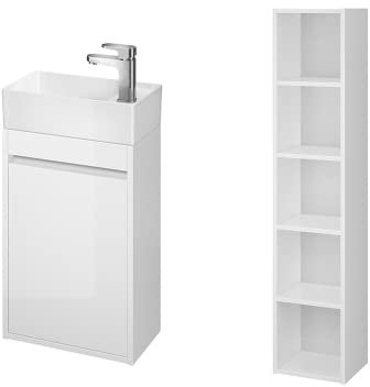 BAD LAND Badmöbel Komplett-Set Crea Weiß Waschbecken-Unterschrank 40cm mit Hochschrank 140cm, Keramikwaschbecken, Badezimmermöbel, Badregal