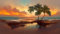 Acryl-Bild 90 x 50 cm: Schöner Strand mit Palmen bei Sonnenuntergang, Panorama einer tropischen Landschaft, Sonnenuntergang am Meer, 3D-Darstellung. (198918485)