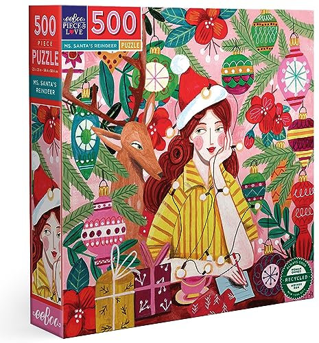 eeBoo Piece & Love: Ms. Santa's Rentier – 500-teiliges Puzzle – quadratisches Puzzle für Erwachsene, 23 x 23 cm, glänzende Teile, Weihnachtsfeiertags-Thema