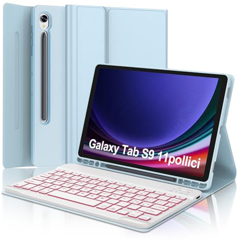 Tastatur für Samsung Galaxy Tab S9 FE 11 Zoll 2023 (SM-X710/X716B/X718U), 7 Hintergrundbeleuchtungsfunktionen, italienische Bluetooth-Tastatur, magnetisch, abnehmbar, Schutzhülle für 11 Zoll, Hellblau