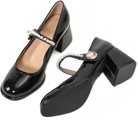 ANUFER Donna retrò Tacco Medio a Blocco Mary Janes Vernice Fibbia di Perle Scarpe Eleganti
