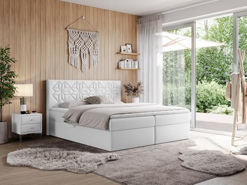 MKS MEBLE Boxspringbett 160x200 mit Matratze H4 und Bettkasten, Doppelbett Bett mit Stauraum und Topper, Polsterbett 160x200 mit Kopfteil - Leila - Weiß Kunstleder - H4