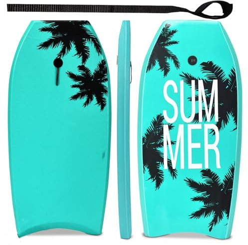 HOMASIS Bodyboard Schwimmbrett mit Zugseil 90 cm, Surfbrett für Kinder und Erwachsene, Surfbrett mit EPS-Schaumkern und Kokospalmen-Motiv, Grün (94 x 47 x 5,5 cm)