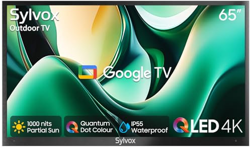 SYLVOX Outdoor TV, 65 Inch 4K QLED Smart TV - Quantum Dot Colour, Dolby Atmos, IP55 Waterproof 1000 Nit Brightness Outdoor Television for Partial Sun, Garden, Built-in Google Cast, Voice Remote(2024)
