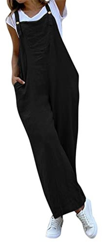 IQYU Salopette da lavoro da donna, in tessuto, estivi, lunghi, in lino, con bottoni, taglie forti, pantaloni da jogging oversize, Nero AAA, M