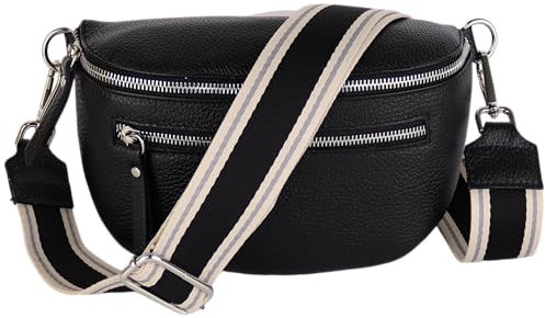 MIRROSI® Damen Bauchtasche Umhängetasche 27x14,5x8cm Damen, Made in Italy, aus Echtleder Tasche Echtes Leder, Brusttasche, Crossbody Bag,Bohemian Style (1 Tasche 2 Gurte) (Schwarz Streifen)