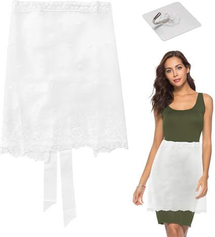 USHXVG 1 Women's Half Apron, Transparent Hook, Lace Waist, Vintage Gardening Apron (White)