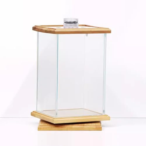 UPWONEC HD Glass Natural Fish Tank, Office Desktop Rotating Betta Fish Aquarium, 360° Rotatable Bamboo Betta Fish Tank, Rectangular Transparent Goldfish Bowl, Acrylic Lid with Feeding Hole