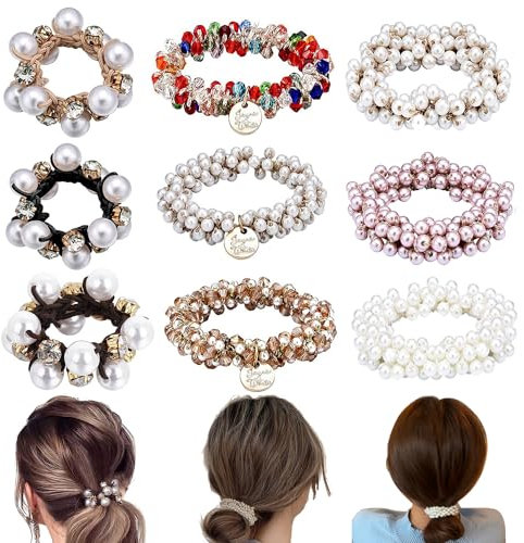 9 Stück Perle Haargummi, BetterJonny Perlen Haarseil Haargummis mit Perlen Elastische Pferdeschwanz Halter Stirnbänder Haarschmuck für Mädchen Frauen und Dame Kinder