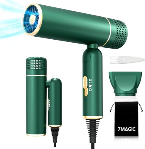 7MAGIC Fön Haartrockner Föhn mit Konzentratordüse, Reisefön Klappbar, 30% Schnellere Trocknung, 300 Mio. Ionen, 99% Haarsaugschutz, Überhitzungsschutz, 1600W, Ultraleicht für alle Haartypen, Grün