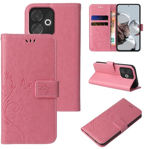LBH Handy Hülle für Xiaomi Redmi 13 Case Handytasche Schmetterling Blumen Flower Standfunktion Schutzhülle Magnet Rundum Schutz 360 Grad Flipcase Cover Rosegold