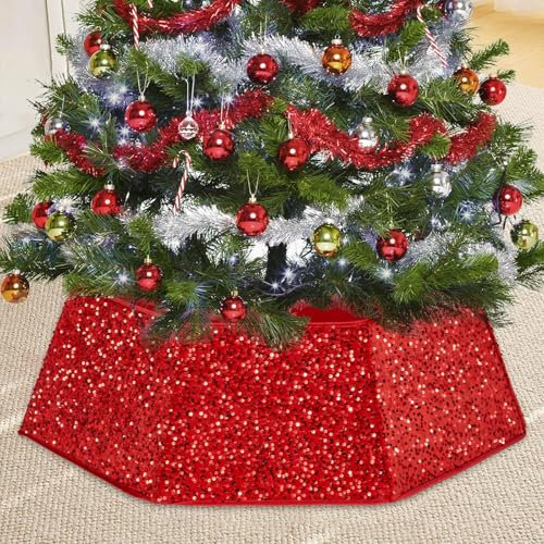 Jupe de Sapin de Noël, Paillettes Cache Pied de Sapin Ø80 cm Couvre-Pied De Sapi Noël Pliable Cache Sapin pour Décoration Pied De Sapin De Noel (Rouge)