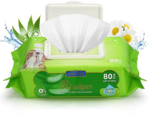 Nobleza Lingettes Nettoyantes pour Chien et Chat, Hypoallergénique, avec des Extraits d'aloe Vera et de Camomille, pour Pattes, Corps et Fesses, 80 lingettes