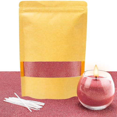 ALLAVA Kerzensand mit Docht, Kerzensand 400g mit 20 Docht 10cm, Perlenkerzen mit 20 Kerzendocht ohne Basis, Kerzen Sand, Pearled Candle, Wachsgranulat für Wachskerze Selber Machen (Bohnenpaste rot)